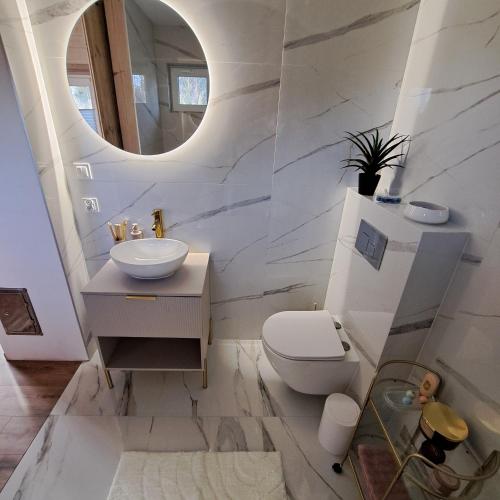a bathroom with a toilet and a sink and a mirror at Leśny Reset 2 in Grabowo