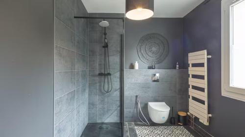 a bathroom with a shower and a toilet at Villa Coubertin in La Rivière-de-Corps