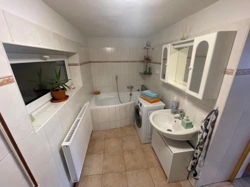 a bathroom with a sink and a toilet and a tub at Chalupa Besednice in Besednice