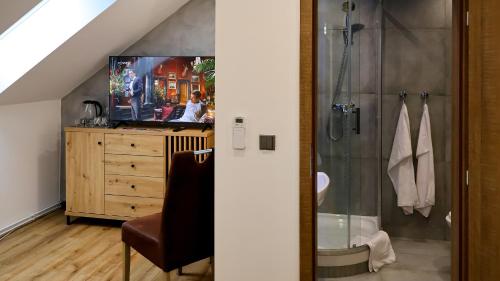 a bathroom with a shower and a television on a dresser at U Šípků in Ostrava