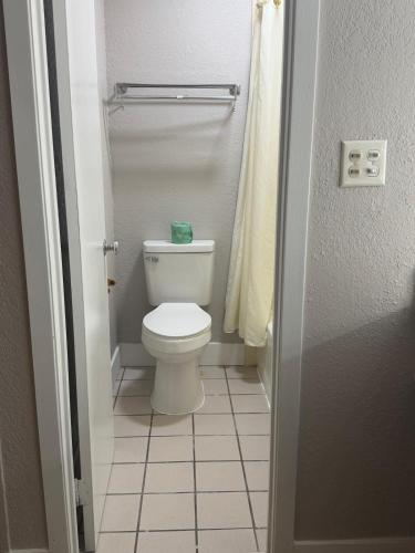 a small bathroom with a toilet and a shower at Mountain House motor Inn Downtown Gatlinburg in Gatlinburg