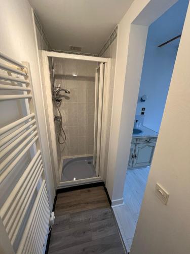 a walk in shower in a bathroom with a bath tub at Gîte de la Rouge Roye in Nompatelize