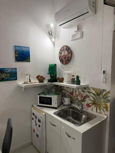 eine kleine Küche mit Spüle und Mikrowelle in der Unterkunft Casa TeKa in Torre Annunziata