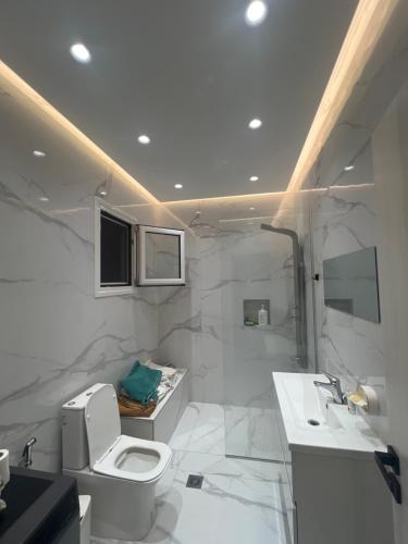 une salle de bains blanche avec toilettes et lavabo dans l'établissement Room cs, à Patras