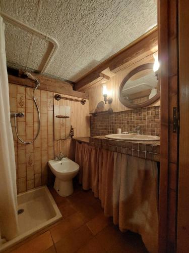 a bathroom with a sink and a toilet and a mirror at La Sauvagine in Les Fourgs