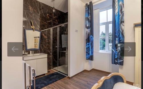 a bathroom with a shower and a mirror and a television at O Cantinho da Cotovia in Valpaços