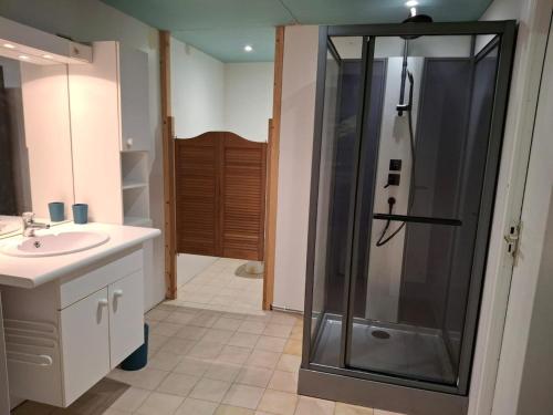 a bathroom with a shower and a sink at Gîte Les hauts de Lenaly in Les Vans