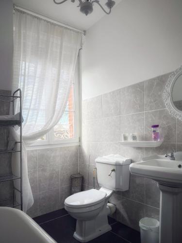 a white bathroom with a toilet and a sink at Le Chalet du 1er étage, Appartement de charme de 80m2, 2 chambres in Bagnoles de l'Orne