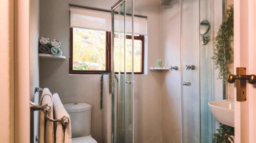 a bathroom with a shower and a toilet and a sink at Breathe Accommodation in Oudtshoorn