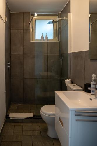 a bathroom with a toilet and a glass shower at B&B Med - Finestra sul Mare in Contrada Mastrissa