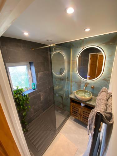 a bathroom with a shower with a sink and a mirror at Peaceful Fields in Lancaster