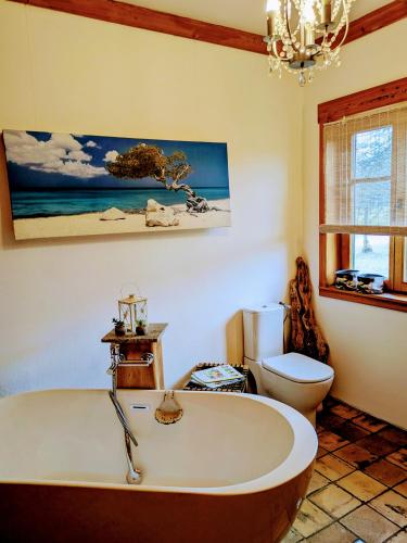 a bathroom with a tub and a toilet and a chandelier at Liljas Haus im Spreewald in Burg