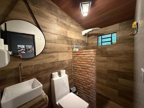 a bathroom with a toilet and a sink and a mirror at SUITE na margem do lago in Hidrolândia