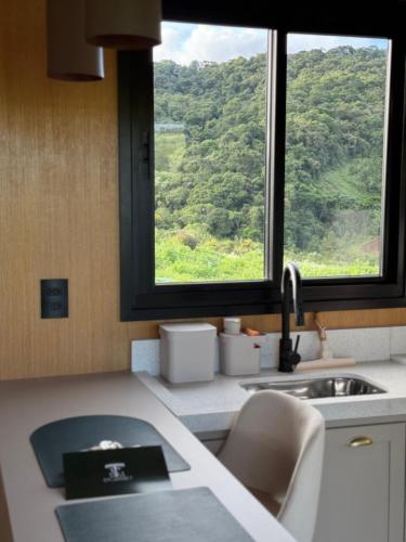 a kitchen with a sink and a window with a view at Villa D Castro in Gonçalves