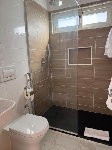 a bathroom with a shower with a toilet and a sink at AQUÁRIO Apart Hotel in Sal Rei