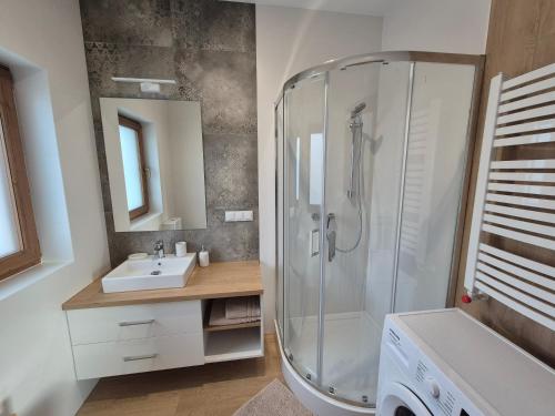a bathroom with a shower and a sink at Domki na Wymyślu in Grywałd