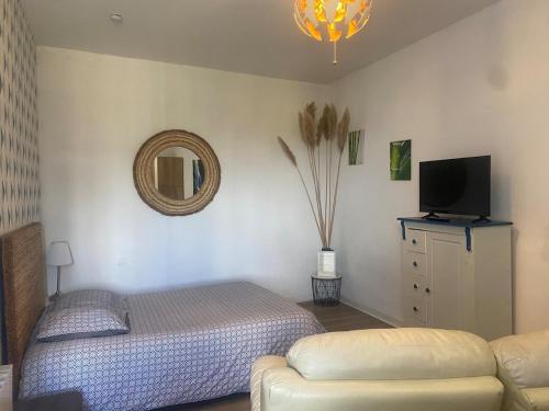 une chambre avec un lit, un miroir et un canapé dans l'établissement Studio aloe, à Cholet