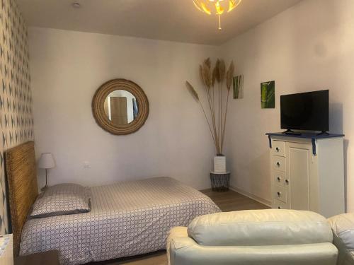 une chambre avec un lit, un miroir et un canapé dans l'établissement Studio aloe, à Cholet