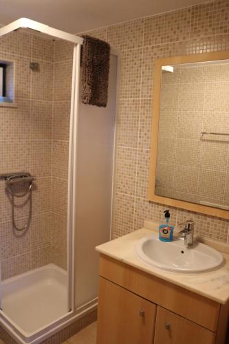a bathroom with a sink and a shower and a tub at Montes da Barca in Aldeia Nova do Concelho