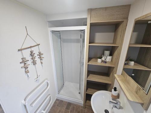a bathroom with a shower and a toilet and a sink at 3 Bedroom Deluxe Caravan at Haven Devon Cliffs in Exmouth