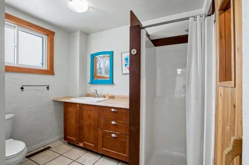 a bathroom with a toilet sink and a shower at Northview-Blue Mountain-Sauna-Firepit-Balcony-Parking in Blue Mountains