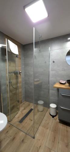 a bathroom with a shower and a sink at Pokoje Sandra I in Łeba