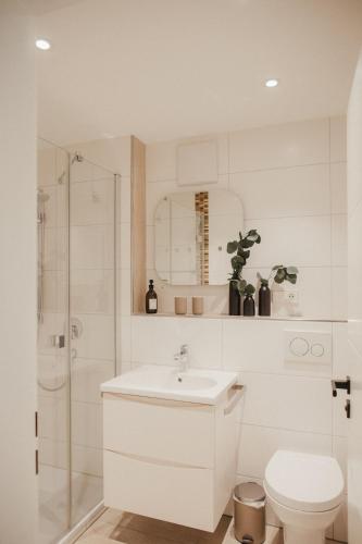 a white bathroom with a toilet and a sink at Schwarzwald Loft Bergblick in St. Blasien