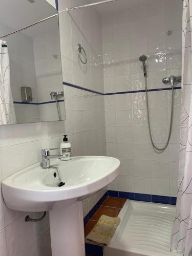 a white bathroom with a sink and a shower at Hostel Los Guajares in Guájar-Faragüit