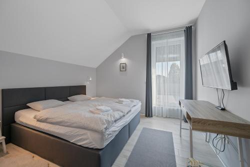 a bedroom with a bed and a desk and a television at House Degenia in Lovinac