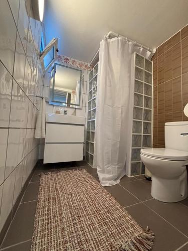 a bathroom with a toilet and a sink and a mirror at Granny House Madeira in Funchal