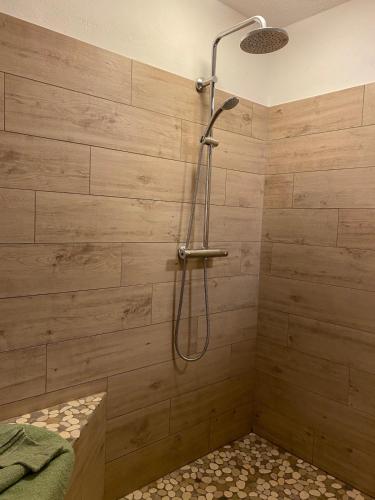 a bathroom with a shower with a wooden wall at Ferienwohnung Am Museum in Dötlingen
