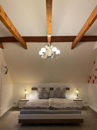 a bedroom with a bed and a chandelier at Ferienwohnung Am Museum in Dötlingen