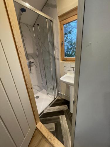 a bathroom with a shower and a sink at Rectory Hideaway in Reedham