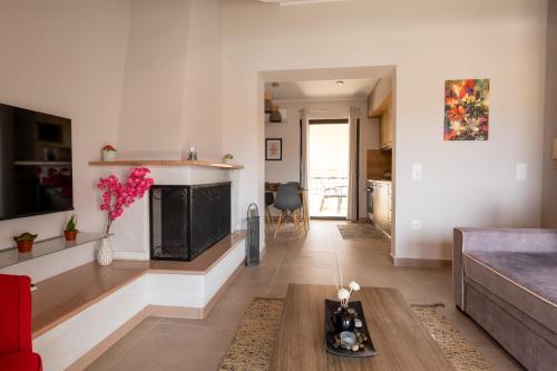 a living room with a fireplace and a couch at Atticview Oropos in Néa Palátia