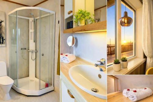 three pictures of a bathroom with a shower and a sink at KB - Nordic Lux Villa in Sørvågen