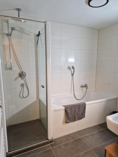 a bathroom with a shower and a bath tub at Wolfskraft in Hauenstein