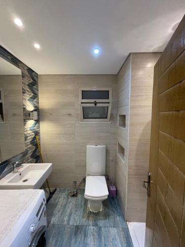 a bathroom with a toilet and a sink at Pyramid View Apartment near GEM in Ghaţāţī