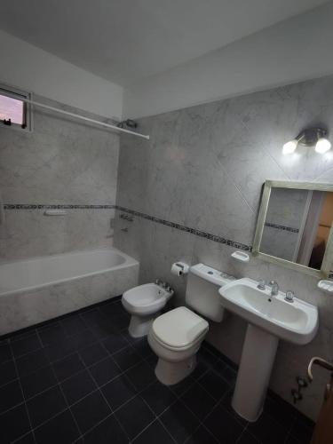 a bathroom with a sink and a toilet and a bath tub at Departamento Zarate Centro in Zárate