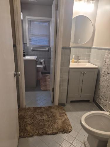 a bathroom with a sink and a toilet and a mirror at Villa Nemesio & Linsday 1 in Atlanta