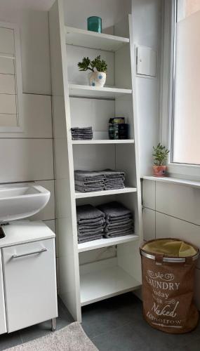 a bathroom with a sink and a shelf with towels at Wohnung Karl-Marx 2 in Trier