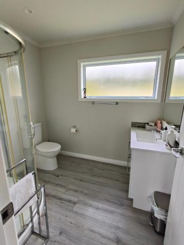 a bathroom with a toilet and a sink and a window at Maungatautari Outlook Cambridge in Cambridge
