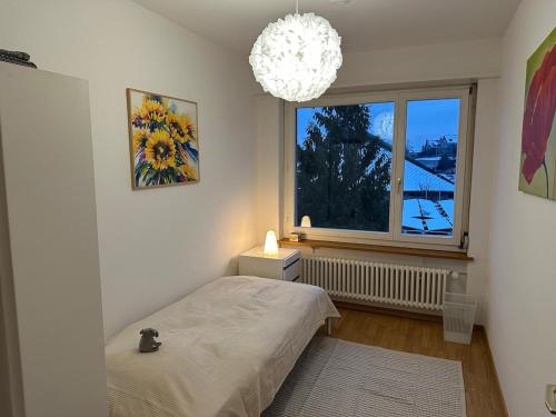 a bedroom with a bed and a large window at TheCrown in Kilchberg