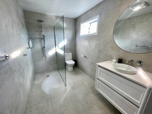a bathroom with a shower and a sink and a mirror at Lahool Cottage in Stanthorpe