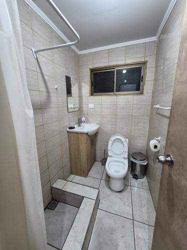 a small bathroom with a toilet and a sink at Cabañas del cerro sombrero in Arica