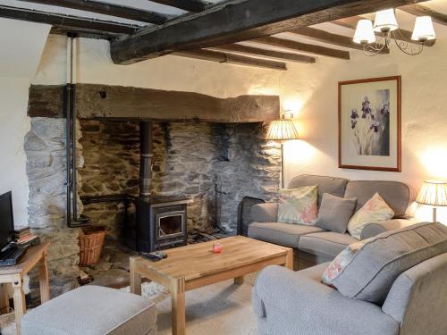 a living room with a couch and a fireplace at Crogen Bryn Awel in Llandrillo