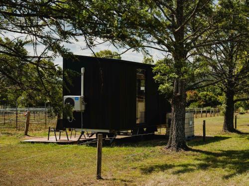 a black tiny house sitting next to a tree at Sunset Tiny House at Bluebush Estate X by Tiny Away in Rothbury