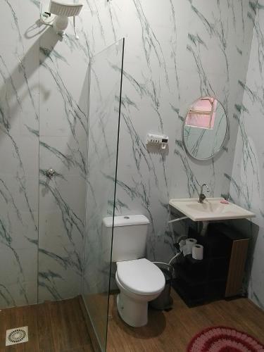 a bathroom with a toilet and a sink at Quartos da Cida in Foz do Iguaçu