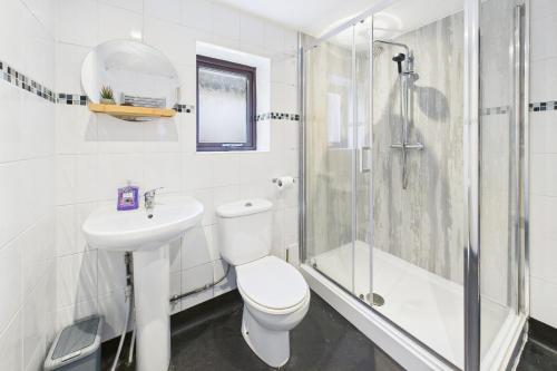 a bathroom with a toilet and a shower and a sink at The Phoenix in Swansea