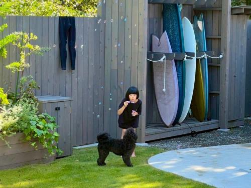 a young girl standing next to a dog and surfboards at Tiny Base The Irita-hama in Shimoda