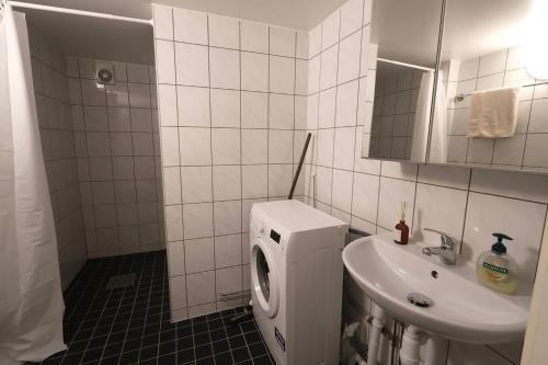 a bathroom with a sink and a washing machine at Workers Stay - Staff Apartment - Säve - Göteborg - Sverige in Säve